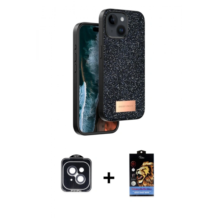 MARSİLYAN™- iPhone 14 Kılıf Vadi Klasik Serisi - Siyah Buffer Hayalet Cam Ekran Koruyucu + PVD Metal Kamera Lens - SH