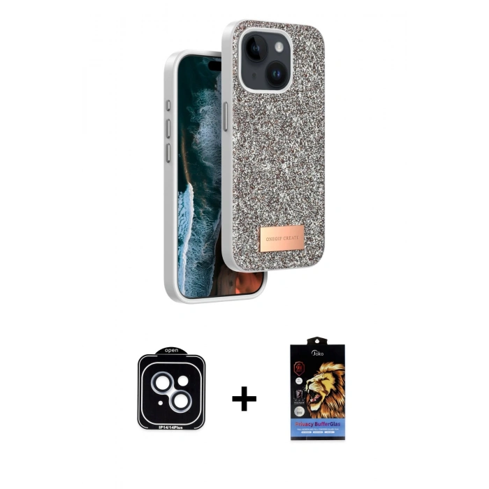 MARSİLYAN™- iPhone 14 Kılıf Vadi Klasik Serisi - Siyah Buffer Hayalet Cam Ekran Koruyucu + PVD Metal Kamera Lens - MI