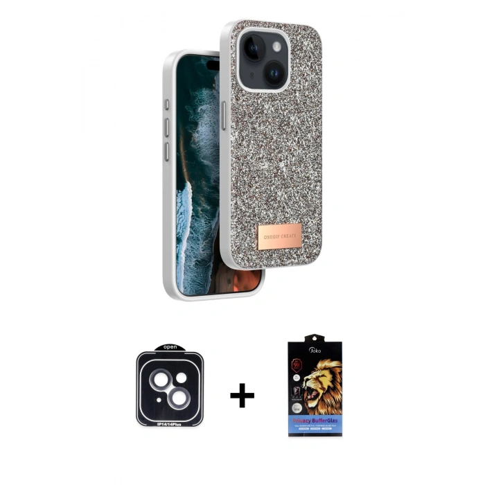 MARSİLYAN™- iPhone 14 Kılıf Vadi Klasik Serisi - Siyah Buffer Hayalet Cam Ekran Koruyucu + PVD Metal Kamera Lens - SH