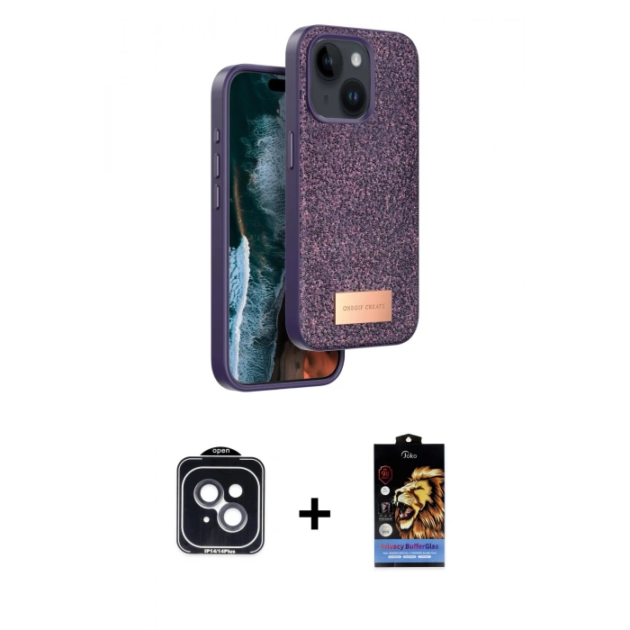 MARSİLYAN™- iPhone 14 Kılıf Vadi Klasik Serisi - Siyah Buffer Hayalet Cam Ekran Koruyucu + PVD Metal Kamera Lens - SH
