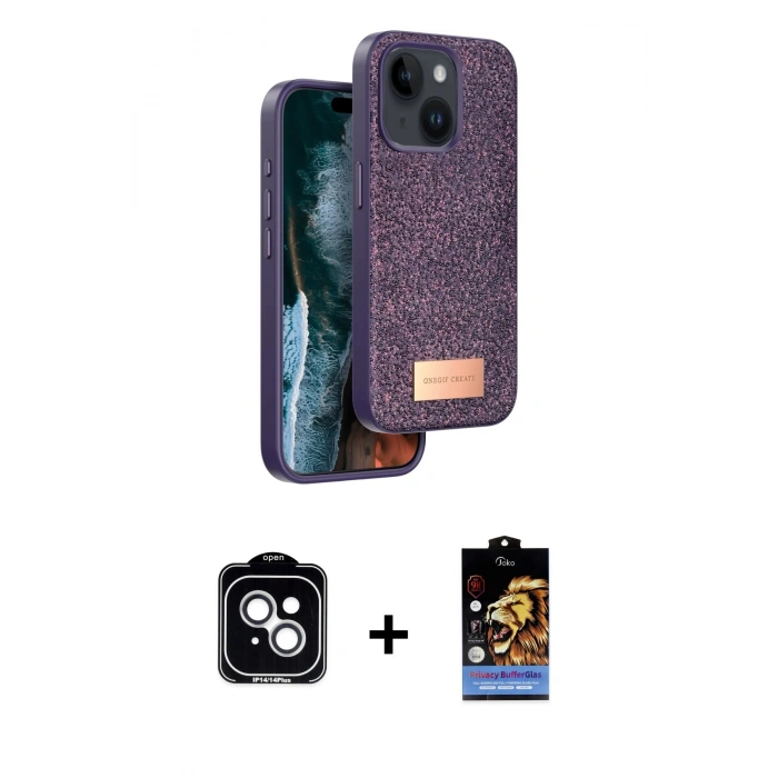 MARSİLYAN™- iPhone 14 Kılıf Vadi Klasik Serisi - Siyah Buffer Hayalet Cam Ekran Koruyucu + PVD Metal Kamera Lens - GS