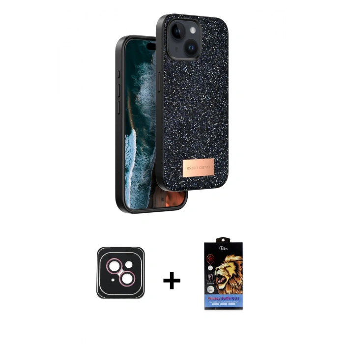 MARSİLYAN™- iPhone 14 Kılıf Vadi Klasik Serisi - Siyah Buffer Hayalet Cam Ekran Koruyucu + PVD Metal Kamera Lens - PE