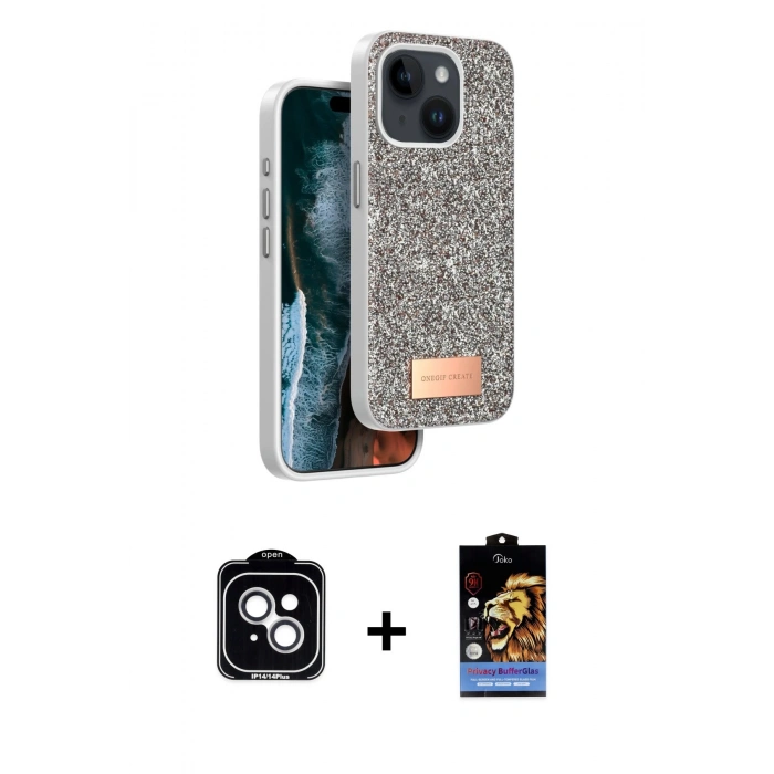MARSİLYAN™- iPhone 14 Kılıf Vadi Klasik Serisi - Siyah Buffer Hayalet Cam Ekran Koruyucu + PVD Metal Kamera Lens - GS