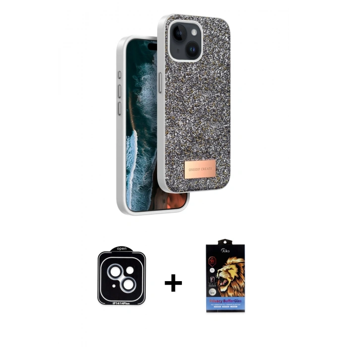 MARSİLYAN™- iPhone 14 Kılıf Vadi Klasik Serisi - Siyah Buffer Hayalet Cam Ekran Koruyucu + PVD Metal Kamera Lens - MI