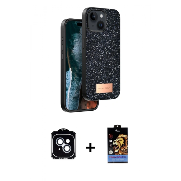 MARSİLYAN™- iPhone 14 Kılıf Vadi Klasik Serisi - Siyah Buffer Hayalet Cam Ekran Koruyucu + PVD Metal Kamera Lens - MI