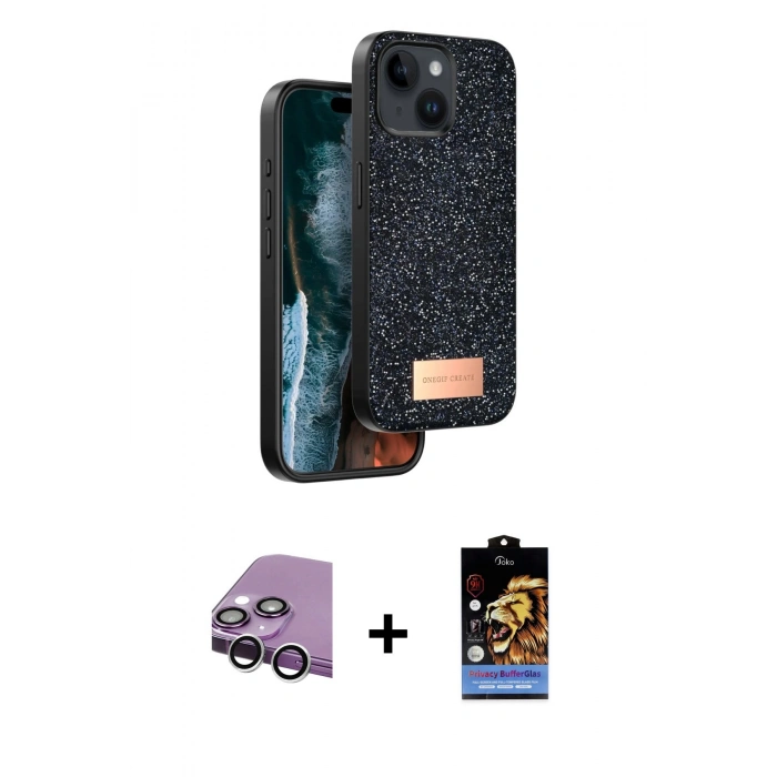 MARSİLYAN™- iPhone 14 Kılıf Vadi Klasik Serisi - Siyah Buffer Hayalet Cam Ekran Koruyucu + Raze Metal Kamera Lens - GS