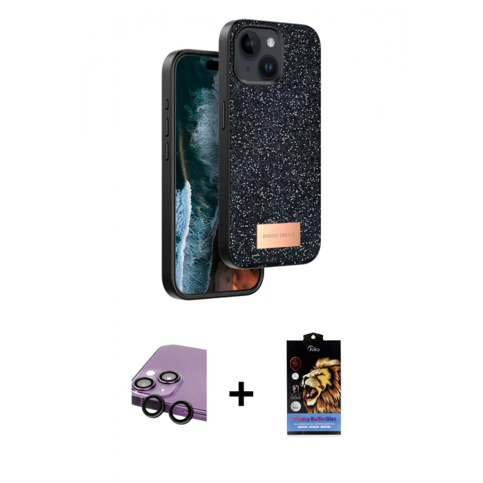 MARSİLYAN™- iPhone 14 Kılıf Vadi Klasik Serisi - Siyah Buffer Hayalet Cam Ekran Koruyucu + Raze Metal Kamera Lens - SH