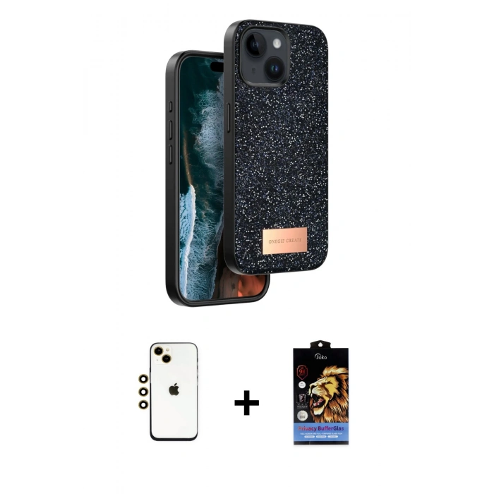 MARSİLYAN™- iPhone 14 Kılıf Vadi Klasik Serisi - Siyah Buffer Hayalet Cam Ekran Koruyucu + Shine Kamera Lens - GD