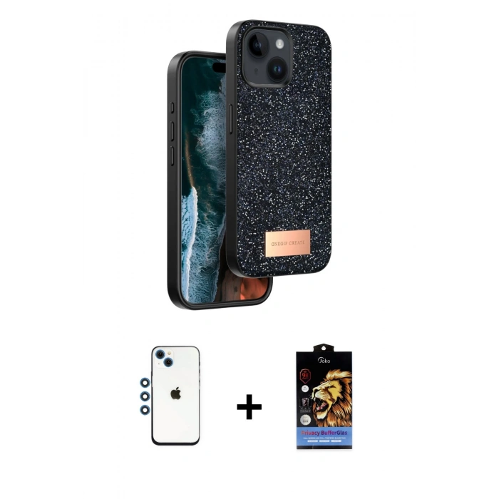 MARSİLYAN™- iPhone 14 Kılıf Vadi Klasik Serisi - Siyah Buffer Hayalet Cam Ekran Koruyucu + Shine Kamera Lens - MI