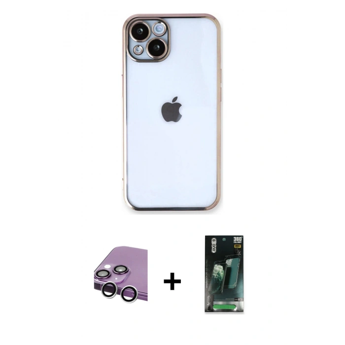 MARSİLYAN™- iPhone 14 Kılıf Vadi Minimal - Şeffaf 360 Full Body Arka Koruyucu + Raze Metal Kamera Lens - GS