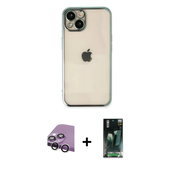 MARSİLYAN™- iPhone 14 Kılıf Vadi Minimal - Şeffaf 360 Full Body Arka Koruyucu + Raze Metal Kamera Lens - GS