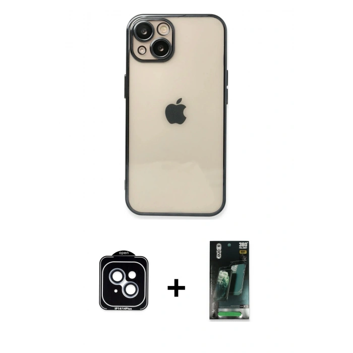 MARSİLYAN™- iPhone 14 Kılıf Vadi Minimal - Şeffaf 360 Full Body Arka Koruyucu + PVD Metal Kamera Lens - MI