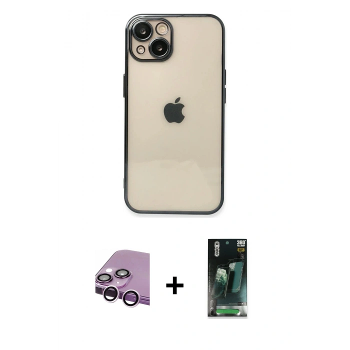 MARSİLYAN™- iPhone 14 Kılıf Vadi Minimal - Şeffaf 360 Full Body Arka Koruyucu + Raze Metal Kamera Lens - MR