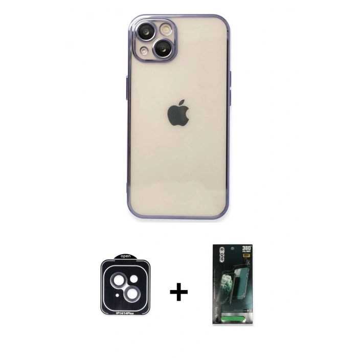 MARSİLYAN™- iPhone 14 Kılıf Vadi Minimal - Şeffaf 360 Full Body Arka Koruyucu + Siyah PVD Metal Kamera Lens