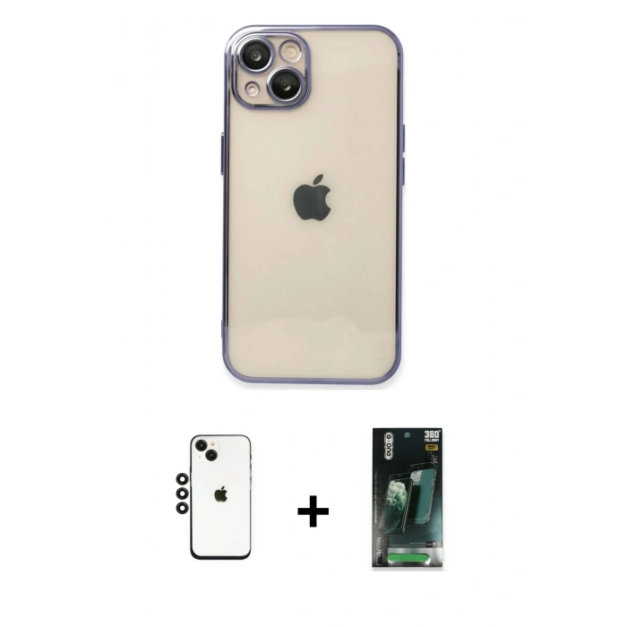 MARSİLYAN™- iPhone 14 Kılıf Vadi Minimal - Şeffaf 360 Full Body Arka Koruyucu + Siyah Shine Kamera Lens