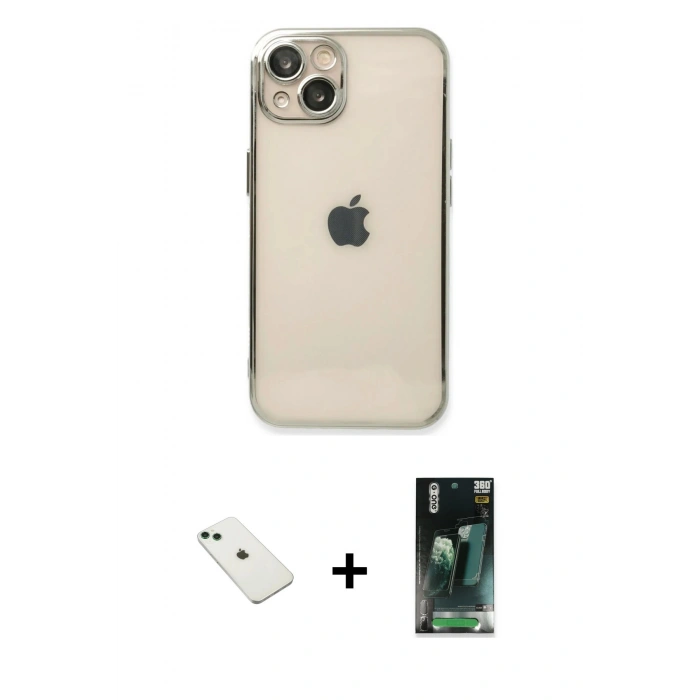 MARSİLYAN™- iPhone 14 Kılıf Vadi Minimal - Şeffaf 360 Full Body Arka Koruyucu + Yeşil Diamond Kamera Lens