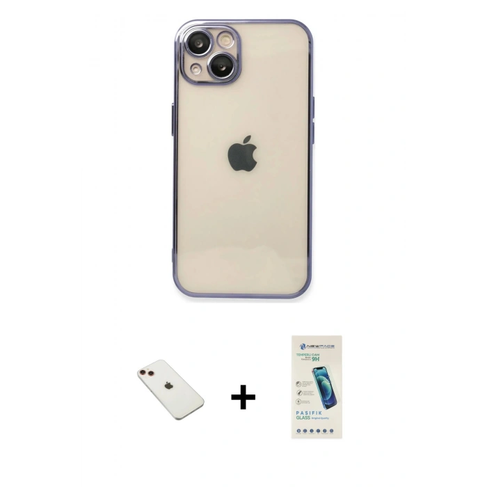 MARSİLYAN™- iPhone 14 Kılıf Vadi Minimal - Şeffaf Pasifik Cam Ekran Koruyucu + Diamond Kamera Lens - KI