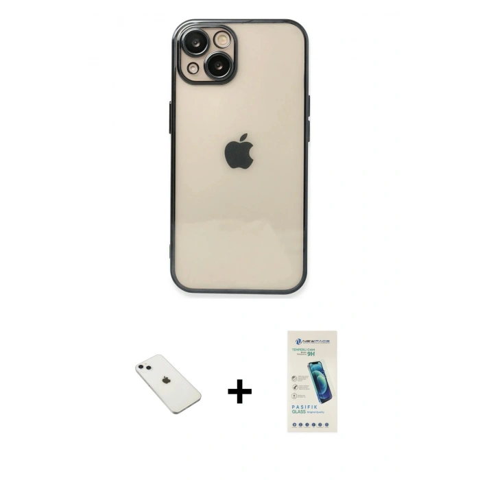MARSİLYAN™- iPhone 14 Kılıf Vadi Minimal - Şeffaf Pasifik Cam Ekran Koruyucu + Diamond Kamera Lens - SABE