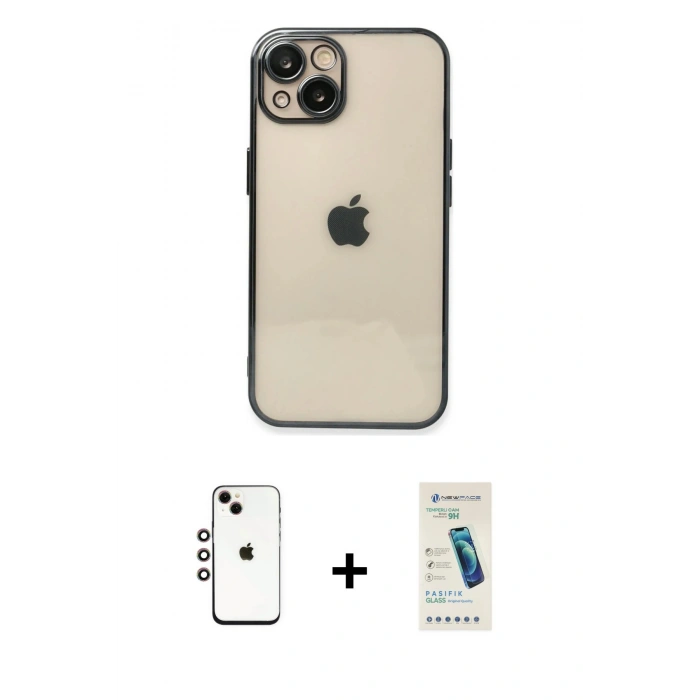 MARSİLYAN™- iPhone 14 Kılıf Vadi Minimal - Şeffaf Pasifik Cam Ekran Koruyucu + Shine Kamera Lens - GI
