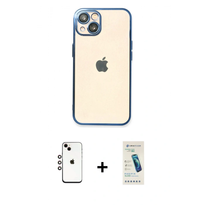 MARSİLYAN™- iPhone 14 Kılıf Vadi Minimal - Şeffaf Pasifik Cam Ekran Koruyucu + Shine Kamera Lens - GI