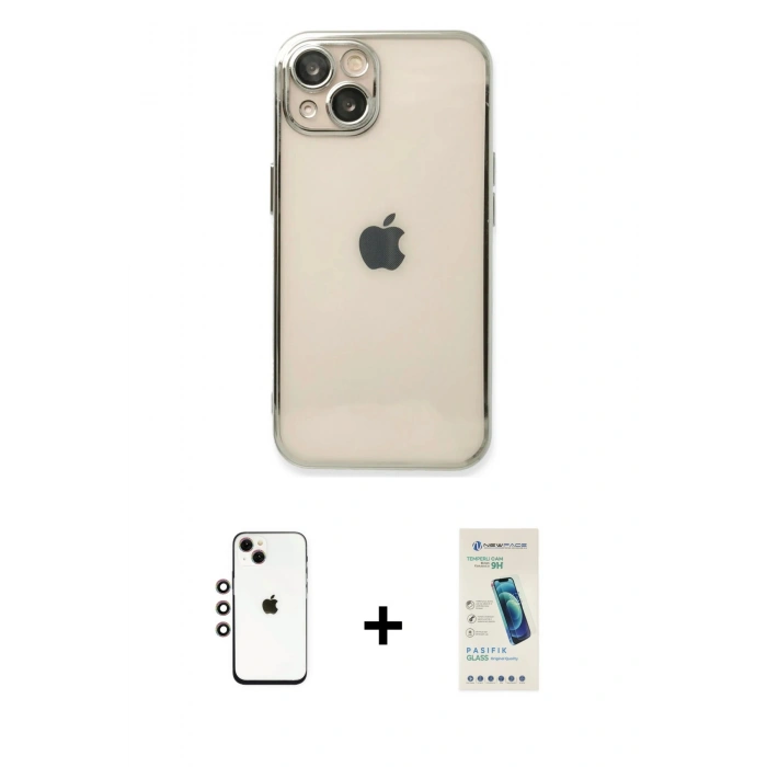 MARSİLYAN™- iPhone 14 Kılıf Vadi Minimal - Şeffaf Pasifik Cam Ekran Koruyucu + Shine Kamera Lens - GI