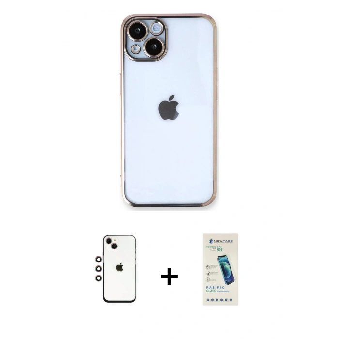MARSİLYAN™- iPhone 14 Kılıf Vadi Minimal - Şeffaf Pasifik Cam Ekran Koruyucu + Shine Kamera Lens - GI