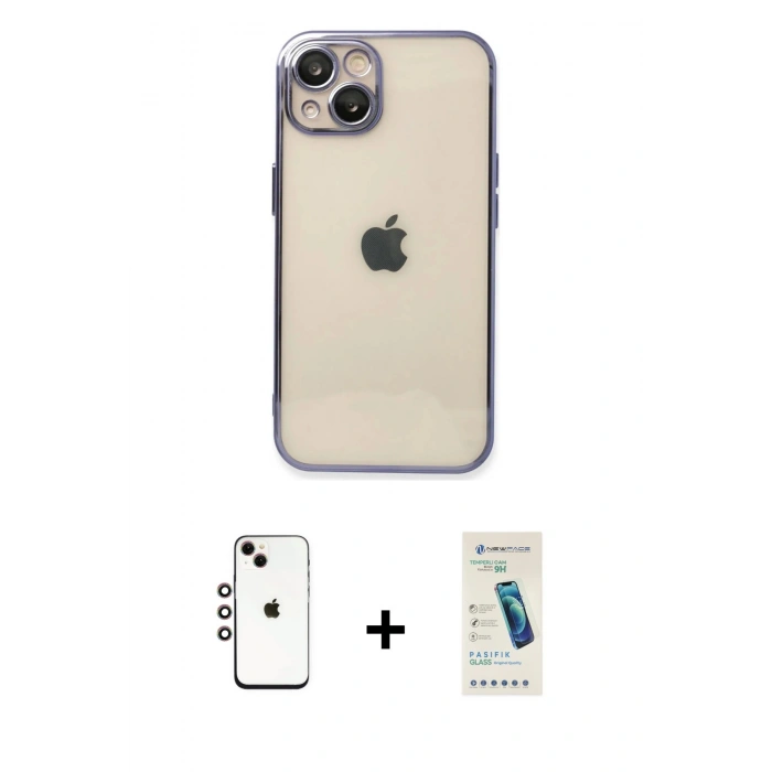 MARSİLYAN™- iPhone 14 Kılıf Vadi Minimal - Şeffaf Pasifik Cam Ekran Koruyucu + Shine Kamera Lens - GI