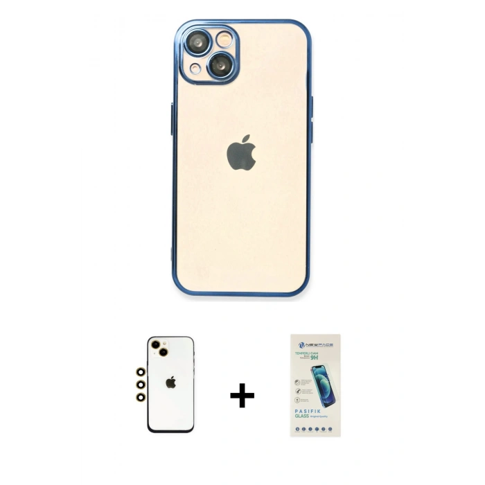 MARSİLYAN™- iPhone 14 Kılıf Vadi Minimal - Şeffaf Pasifik Cam Ekran Koruyucu + Shine Kamera Lens - GD