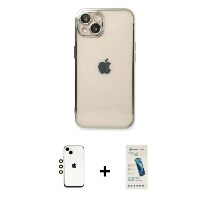 MARSİLYAN™- iPhone 14 Kılıf Vadi Minimal - Şeffaf Pasifik Cam Ekran Koruyucu + Shine Kamera Lens - GD