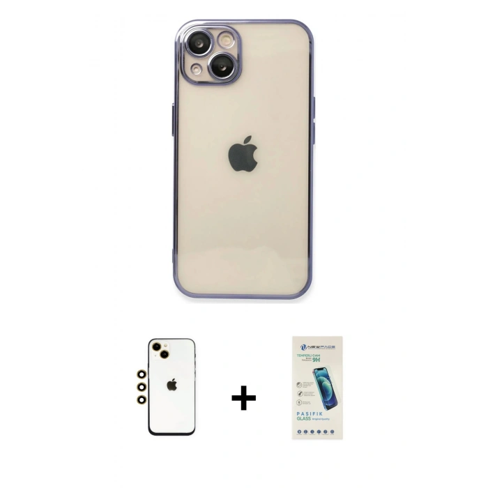 MARSİLYAN™- iPhone 14 Kılıf Vadi Minimal - Şeffaf Pasifik Cam Ekran Koruyucu + Shine Kamera Lens - GD