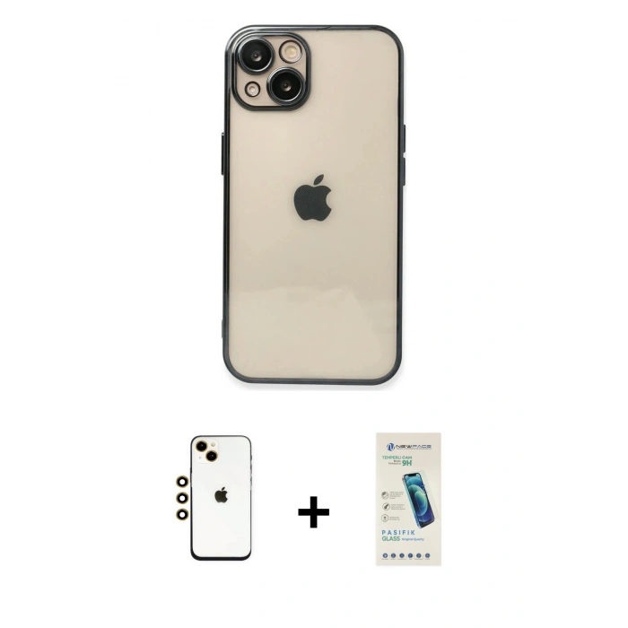 MARSİLYAN™- iPhone 14 Kılıf Vadi Minimal - Şeffaf Pasifik Cam Ekran Koruyucu + Shine Kamera Lens - GD
