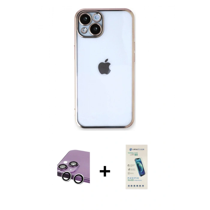 MARSİLYAN™- iPhone 14 Kılıf Vadi Minimal - Şeffaf Pasifik Cam Ekran Koruyucu + Raze Metal Kamera Lens - GS