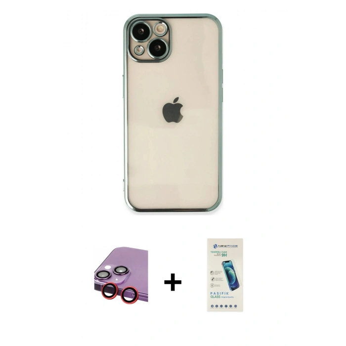 MARSİLYAN™- iPhone 14 Kılıf Vadi Minimal - Şeffaf Pasifik Cam Ekran Koruyucu + Raze Metal Kamera Lens - KI