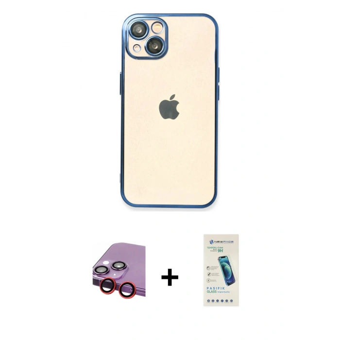 MARSİLYAN™- iPhone 14 Kılıf Vadi Minimal - Şeffaf Pasifik Cam Ekran Koruyucu + Raze Metal Kamera Lens - KI