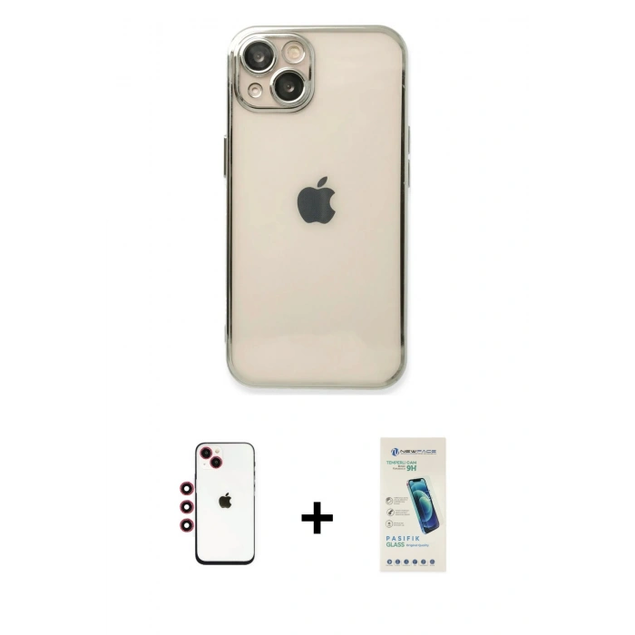 MARSİLYAN™- iPhone 14 Kılıf Vadi Minimal - Şeffaf Pasifik Cam Ekran Koruyucu + Shine Kamera Lens - KI
