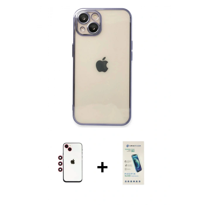 MARSİLYAN™- iPhone 14 Kılıf Vadi Minimal - Şeffaf Pasifik Cam Ekran Koruyucu + Shine Kamera Lens - KI