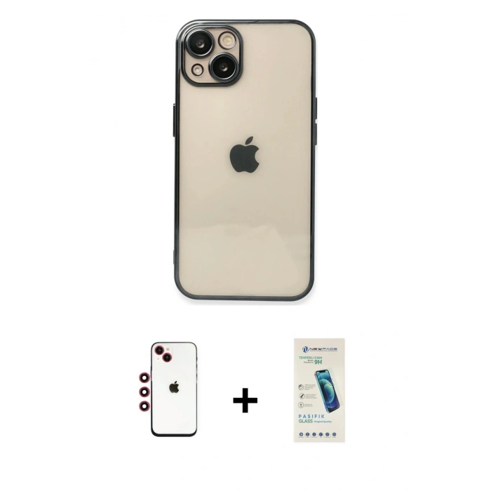 MARSİLYAN™- iPhone 14 Kılıf Vadi Minimal - Şeffaf Pasifik Cam Ekran Koruyucu + Shine Kamera Lens - KI