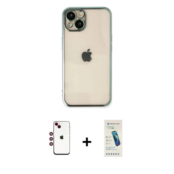MARSİLYAN™- iPhone 14 Kılıf Vadi Minimal - Şeffaf Pasifik Cam Ekran Koruyucu + Shine Kamera Lens - KI