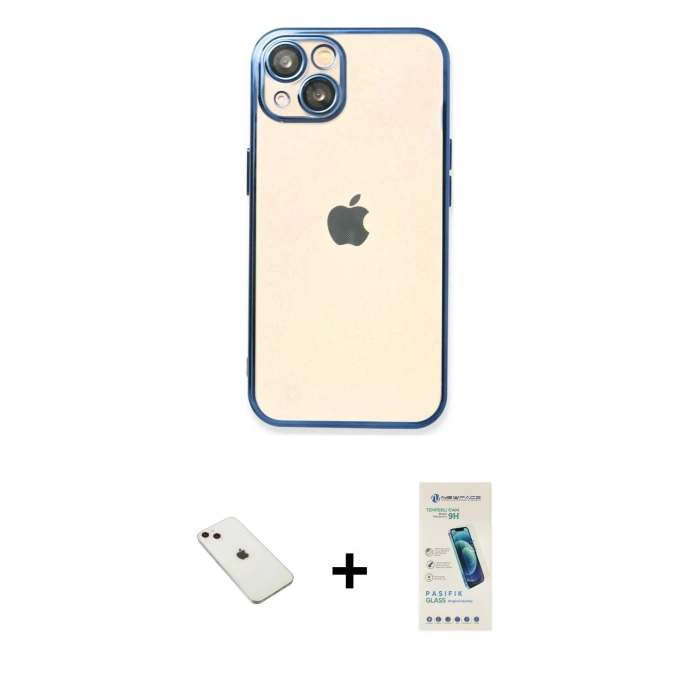 MARSİLYAN™- iPhone 14 Kılıf Vadi Minimal - Şeffaf Pasifik Cam Ekran Koruyucu + Pembe Diamond Kamera Lens