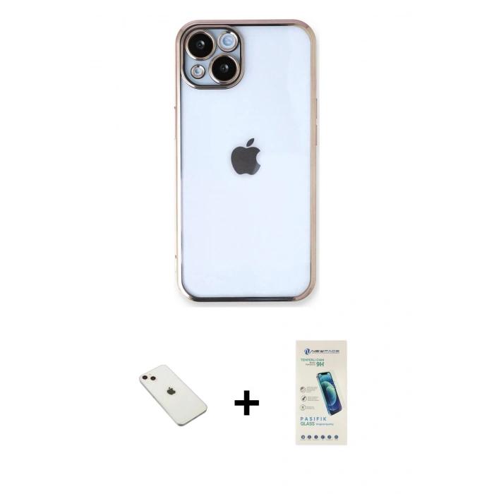 MARSİLYAN™- iPhone 14 Kılıf Vadi Minimal - Şeffaf Pasifik Cam Ekran Koruyucu + Pembe Diamond Kamera Lens