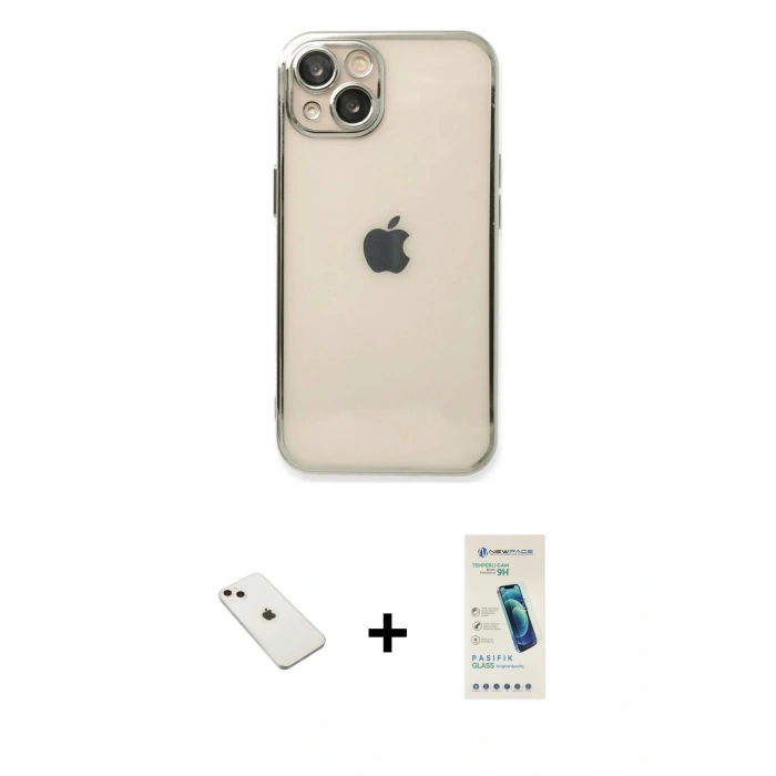 MARSİLYAN™- iPhone 14 Kılıf Vadi Minimal - Şeffaf Pasifik Cam Ekran Koruyucu + Pembe Diamond Kamera Lens