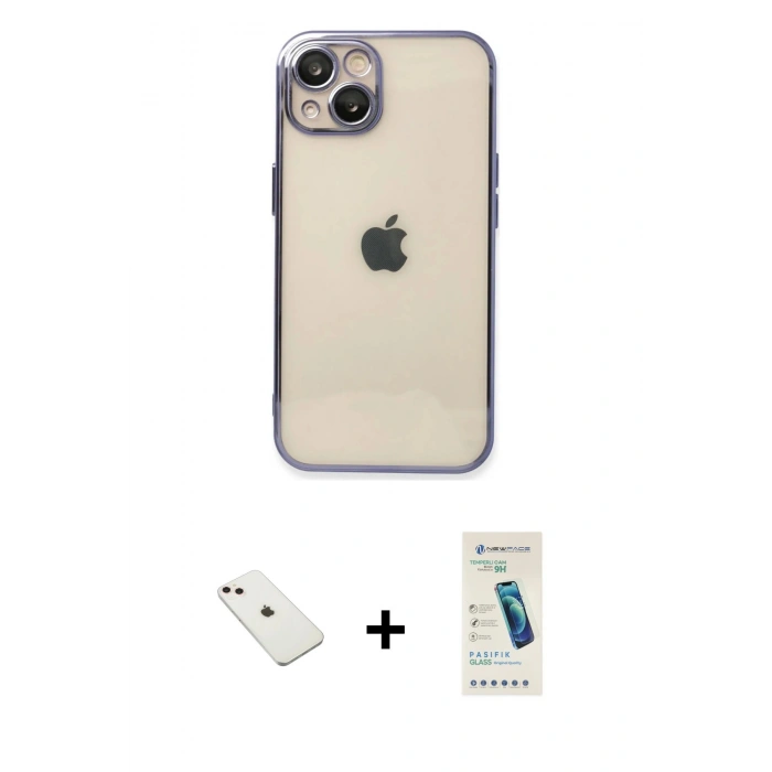 MARSİLYAN™- iPhone 14 Kılıf Vadi Minimal - Şeffaf Pasifik Cam Ekran Koruyucu + Pembe Diamond Kamera Lens