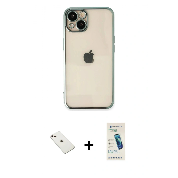 MARSİLYAN™- iPhone 14 Kılıf Vadi Minimal - Şeffaf Pasifik Cam Ekran Koruyucu + Pembe Diamond Kamera Lens