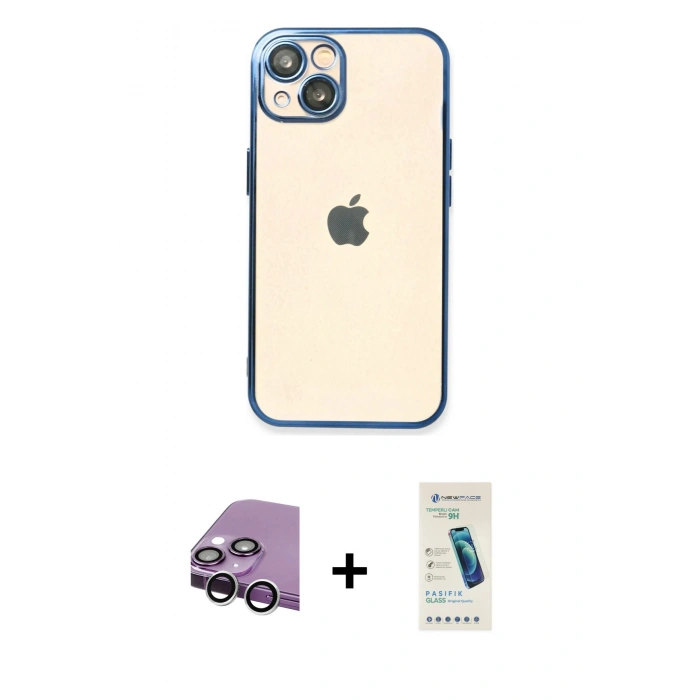 MARSİLYAN™- iPhone 14 Kılıf Vadi Minimal - Şeffaf Pasifik Cam Ekran Koruyucu + Raze Metal Kamera Lens - GS