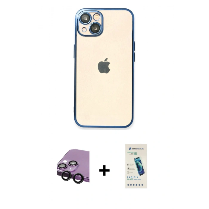 MARSİLYAN™- iPhone 14 Kılıf Vadi Minimal - Şeffaf Pasifik Cam Ekran Koruyucu + Raze Metal Kamera Lens - SH