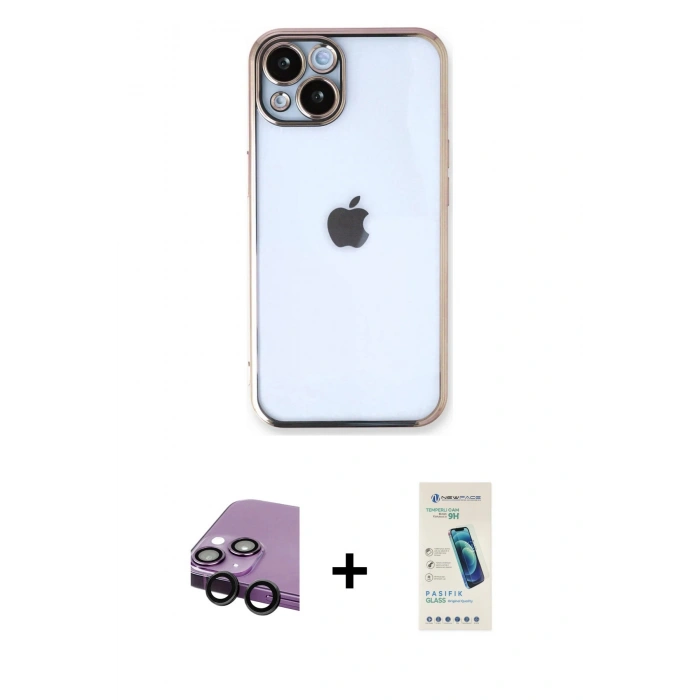 MARSİLYAN™- iPhone 14 Kılıf Vadi Minimal - Şeffaf Pasifik Cam Ekran Koruyucu + Raze Metal Kamera Lens - SH
