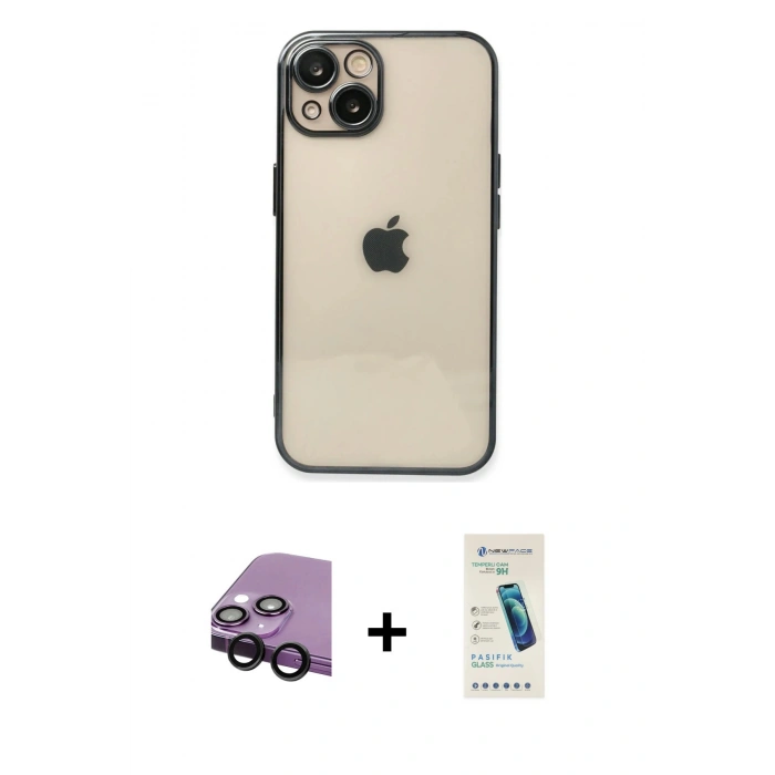 MARSİLYAN™- iPhone 14 Kılıf Vadi Minimal - Şeffaf Pasifik Cam Ekran Koruyucu + Raze Metal Kamera Lens - SH
