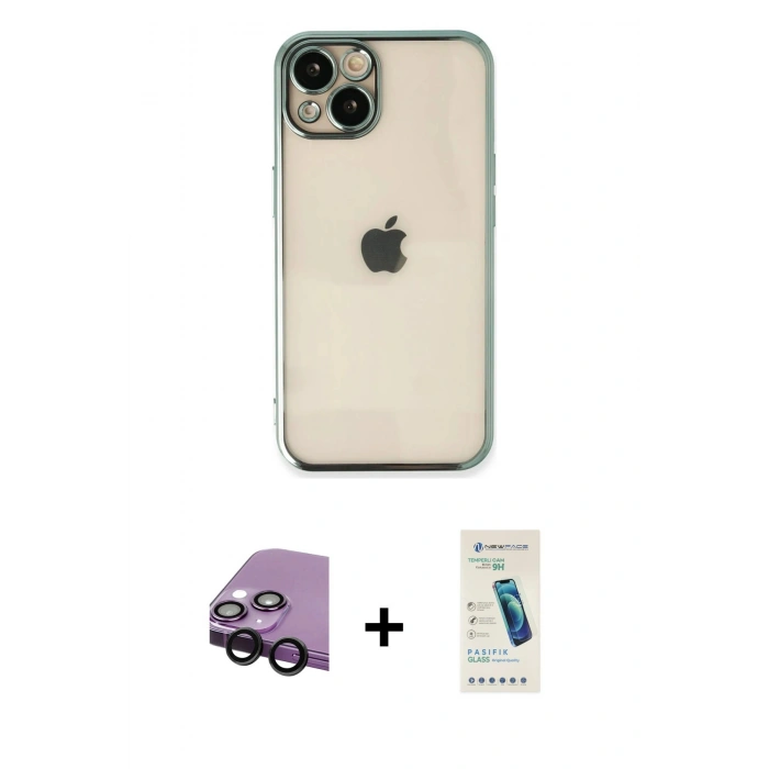 MARSİLYAN™- iPhone 14 Kılıf Vadi Minimal - Şeffaf Pasifik Cam Ekran Koruyucu + Raze Metal Kamera Lens - SH