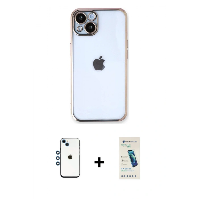 MARSİLYAN™- iPhone 14 Kılıf Vadi Minimal - Şeffaf Pasifik Cam Ekran Koruyucu + Shine Kamera Lens - MI
