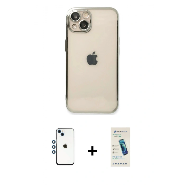 MARSİLYAN™- iPhone 14 Kılıf Vadi Minimal - Şeffaf Pasifik Cam Ekran Koruyucu + Shine Kamera Lens - MI